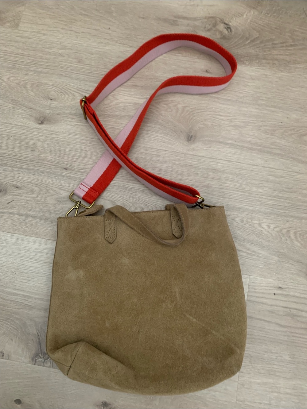 Madewell Tan Suede Tote with Red & Pink Striped Strap